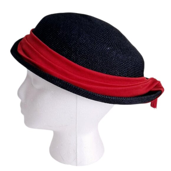 Mid-Century "Ellen Jane" Navy Blue Straw Derby Style Hat w/Red Ribbon Trim - Picture 8 of 11